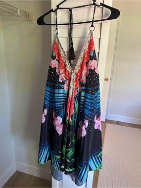 Backless Tropical Halter Slip Dress in Black, Blue & Pink